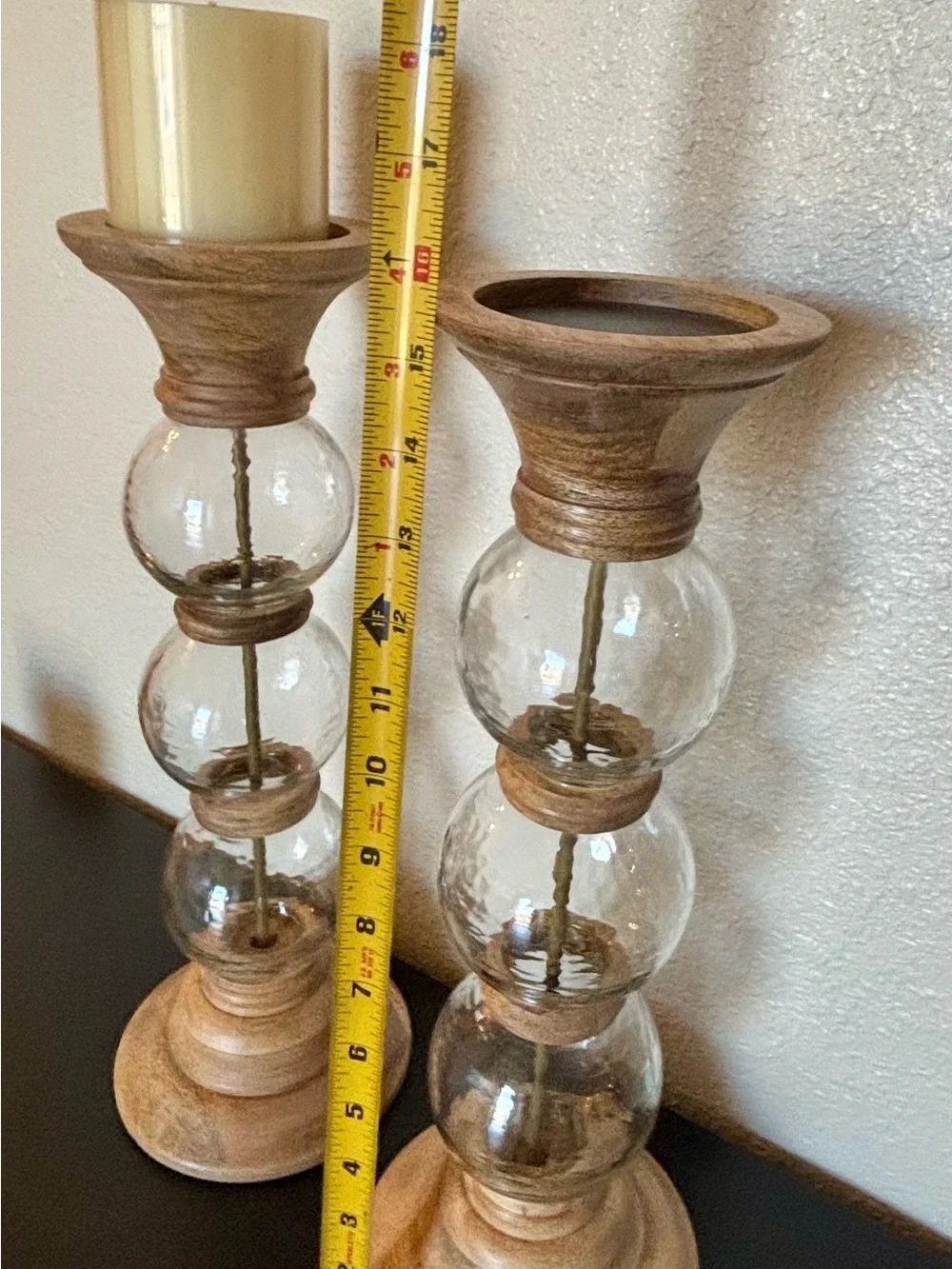 Pier 1 Natural Wood and Clear Glass Pillar Candle Holders - Pair